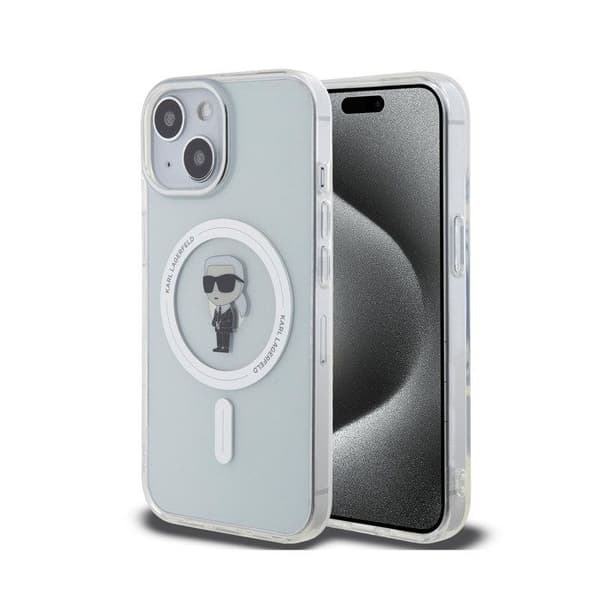 Coque för iPhone 15 Modell IML Ikonik Kompatibel med MagSafe Karl Lagerfeld Transparent