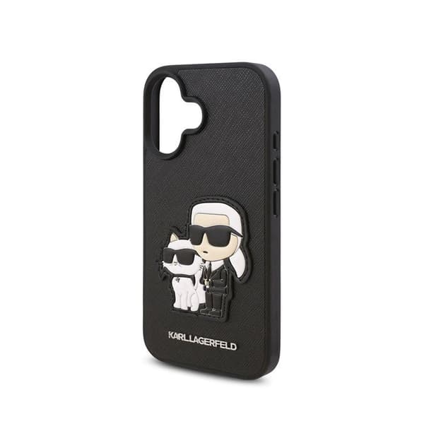 Coque för iPhone 16 Plus Design Saffiano Karl och Choupette Karl Lagerfeld Svart