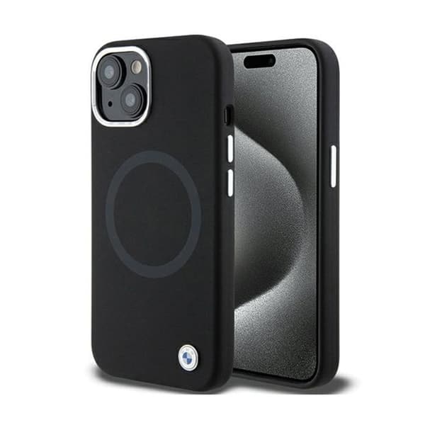 Coque MagSafe i silikonläder BMW Signature för iPhone 15 (svart)