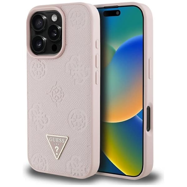 Coque Guess Grained Hot Stamp Peony Triangle Logo MagSafe för iPhone 16 Pro (rosa)
