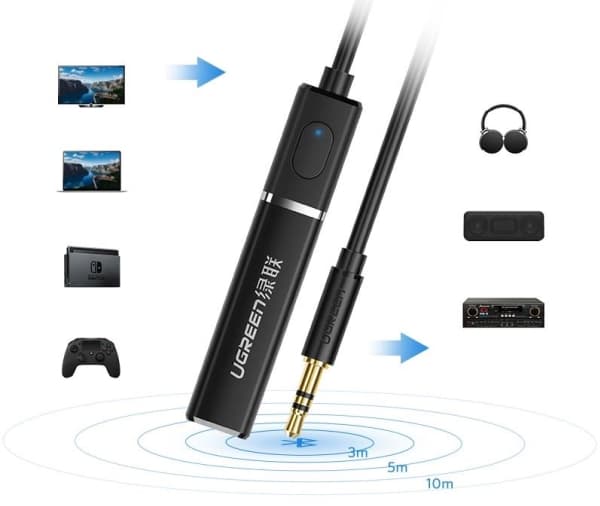 Ugreen Bluetooth 5.0 lähetin Langaton audiosovitin 3,5 mm miniliitäntä, musta (40761 CM107)