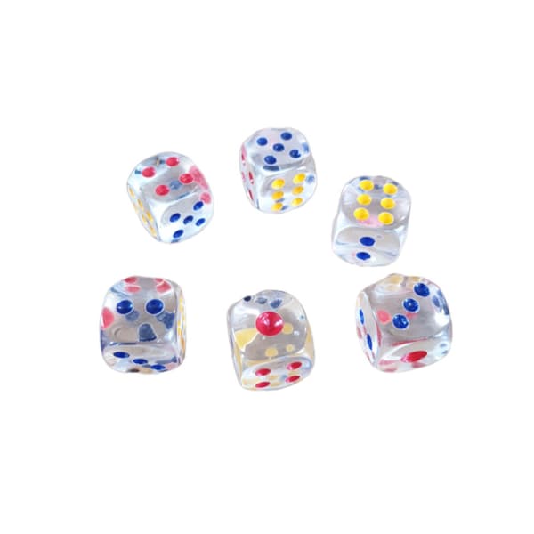 6 st genomskinliga tärningar 16mm till Tärningsspel, lättrullade