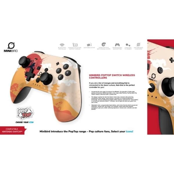 PopTop Minibird trådlös handkontroll "Rising Sun" för Nintendo Switch/Switch Lite/Switch OLED