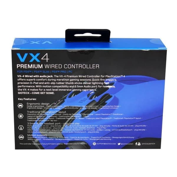 Manette PS4 med kabel Gioteck VX4 - Ergonomisk design - Jackuttag 3,5 - Blå