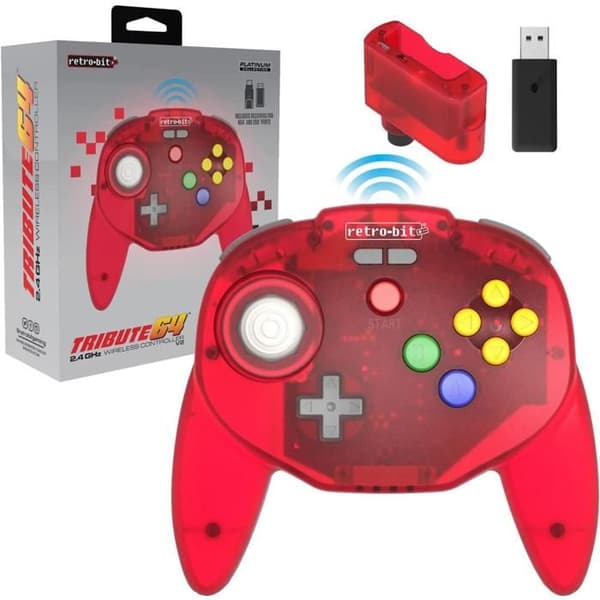 Retrogaming-Retro-Bit Tribute64 2,4 GHz trådlös gamepad för Nintendo 64/Switch/PC/Mac Clear Red