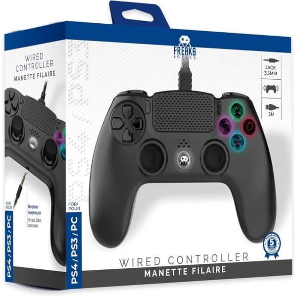 Freaks and Geeks - Svart trådlös handkontroll för PS4 med 3M kabel med jackkontakt