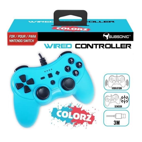 Subsonic - Colorz-kontroller med 3 meter kabel, vibration och gyroskop - Tillbehör till Nintendo Switch-konsol - Neonblå