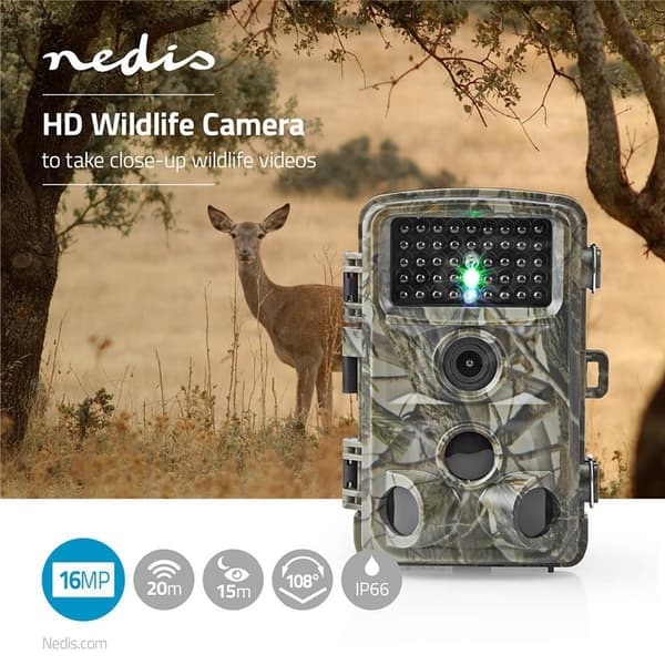 Nedis Wildlife Kamera | 1080p@30fps | 24.0 MPixel | 5 MPixel CMOS | IP66 | Svart No-Glow IR | Nattsyn | Betraktningsvinkel: 90 ° | Bevegelsessensor |