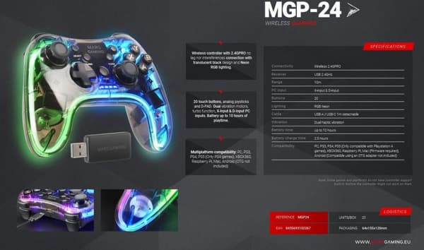 Mars Gaming MGP-24 Wireless game controller RGB / USB 2.4GHz / USB-C / X-input & D-input