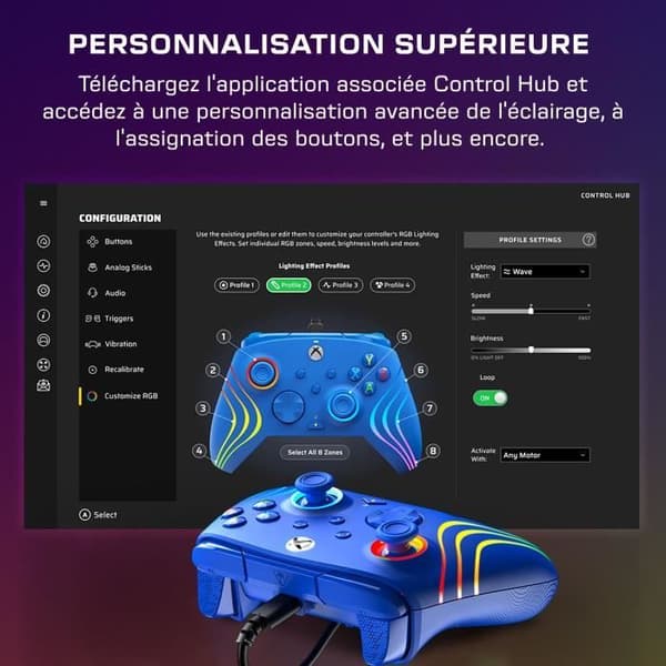 Gamepad - Xbox Series X|S, Xbox One och PC - Afterglow Wave - RGB - Kabelansluten - Blå - TURTLE BEACH