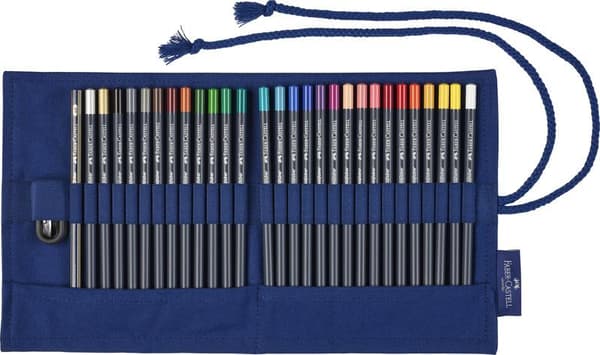 Faber Castell FC-114752 Roll Case, jossa 27 Goldfaber värikynää, 1 kynäteroitin ja 1 Goldfaber 4B lyijykynä