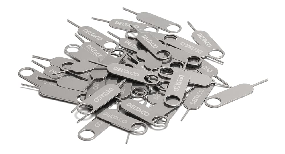 DELTACO sim card tray opener, 50-pack, stainless steel