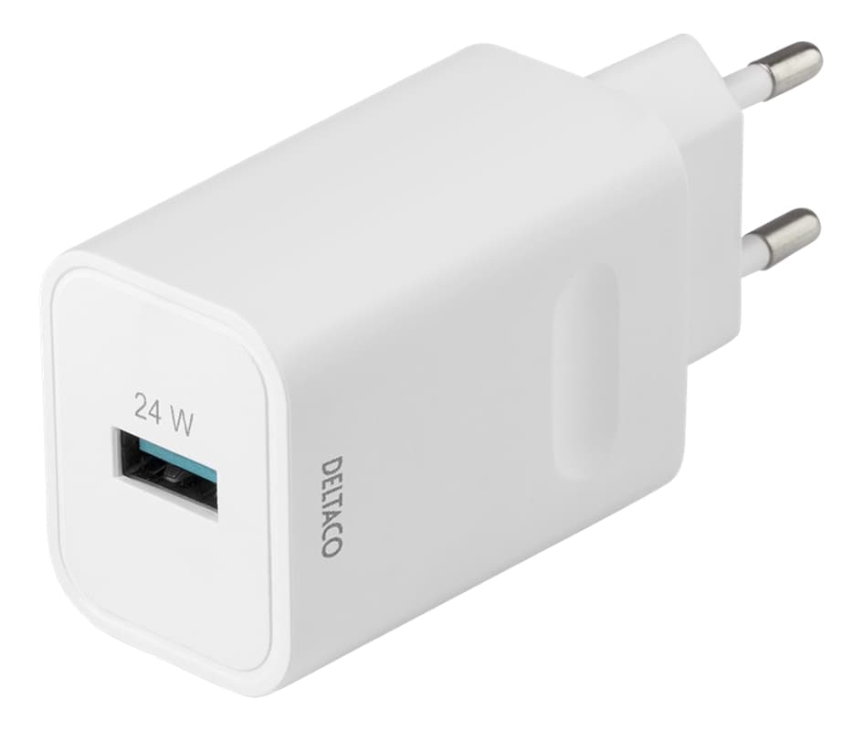 DELTACO USB wall charger, 1x USB-A, fast charging 24 W, white