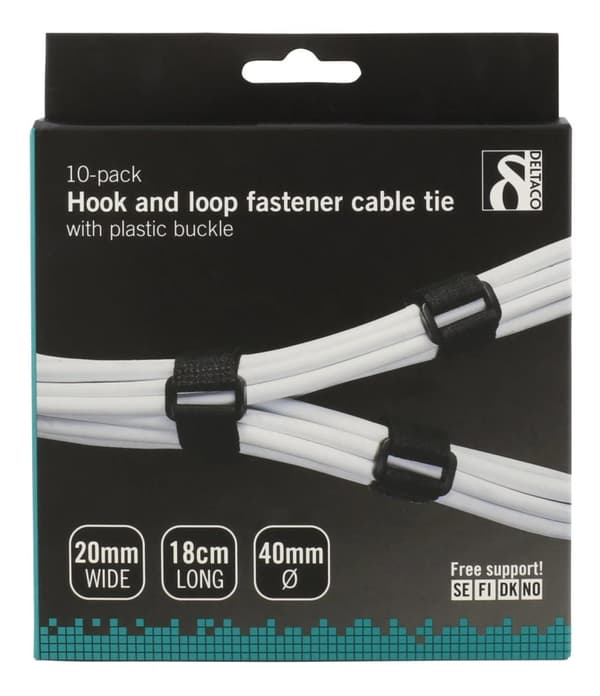 DELTACO kardborrband med plastspänne, 20x180mm, 10-pack, svart