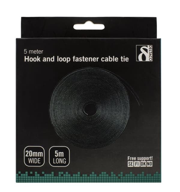 DELTACO Hook and loop fastener cable ties, width 20mm, 5m, black