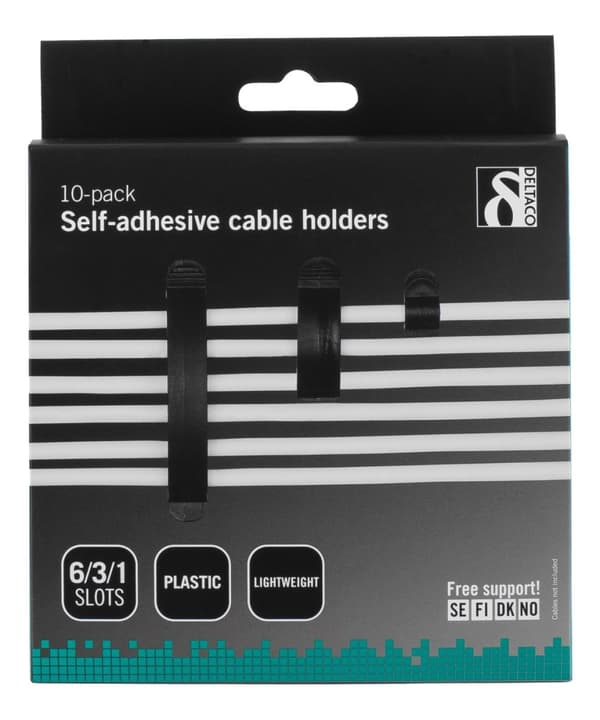 DELTACO självhäftande kabelklämmor, 1/3/6 platser, 10-pack, svart