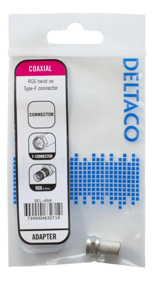 DELTACO F-stik, han, 6,2mm RG6/antennekabel, skruemont, guldbelagt sti