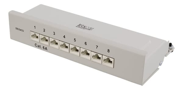 DELTACO Patch Panel, 8xRJ45, Cat6a, wall-mountable, metal, gray