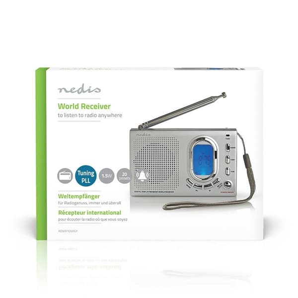 Nedis World Radio | Bærbar design | AM / FM / SW | Batteri drevet / Nettstrøm drevet | Digitalt | 1.5 W | Hodetelefonutgang | Vekkeklokke | Sleep time