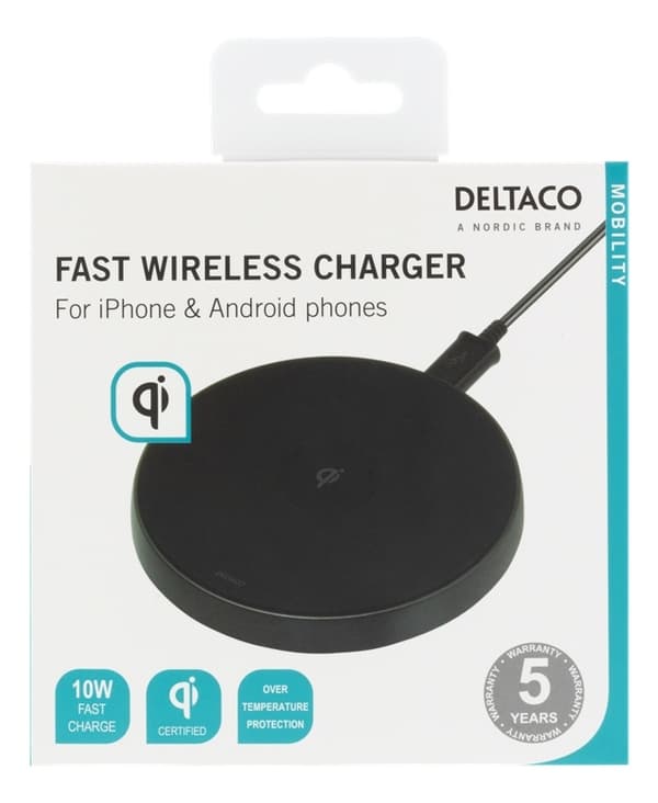 DELTACO Trådløs hurtiglader for iPhone og Android, 10 W, QI-sertifisert