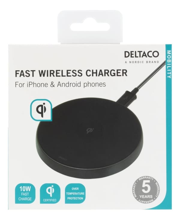 DELTACO Trådløs hurtiglader for iPhone og Android, 10 W, QI-sertifisert