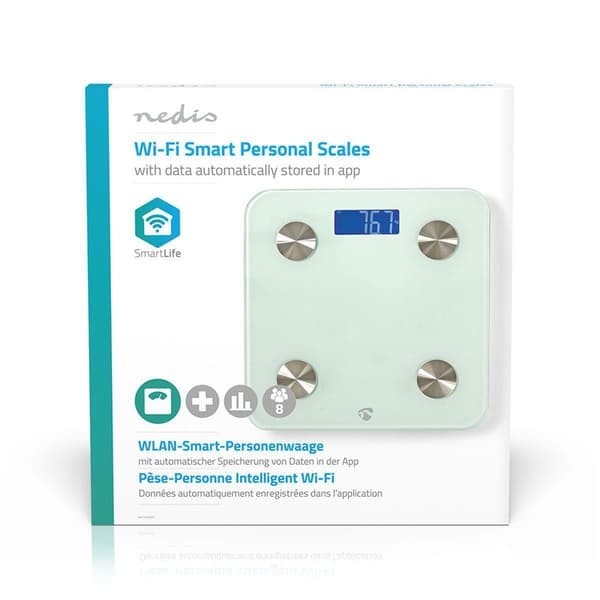 Nedis SmartLife Hälso Vågar | Wi-Fi | Ben / BMR / Fett / Muskler / Vatten / Vikt | 8 | Max last: 180 kg | Android™ / IOS | Glas | Vit