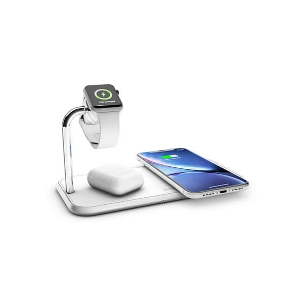 ZENS Triple Alu. Lader QI Trådløs 220V-kabel  2x10W Hvit med Apple Watch Lader (Apple QC 7,5W)