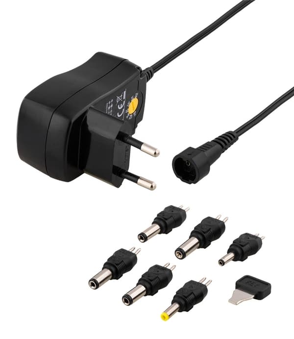 DELTACO switchable power supply 100-240 V, 3-12 V, 600 mAh, 6 tips