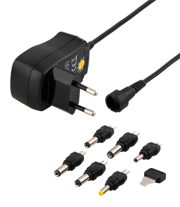 DELTACO switchable power supply 100-240 V, 3-12 V, 600 mAh, 6 tips