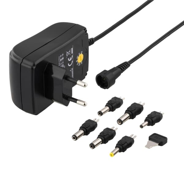 DELTACO power supply, 240 V to 3-12 V, 1,5 A, different tips, black
