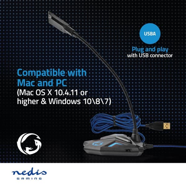 Nedis Streaming og Gaming Mikrofon | Brugt til: Desktop / Notebook | USB | Tilslutninger udgang: 1x 3.5 mm Audio Out | Indbygget on/off-knap (tænd/slu