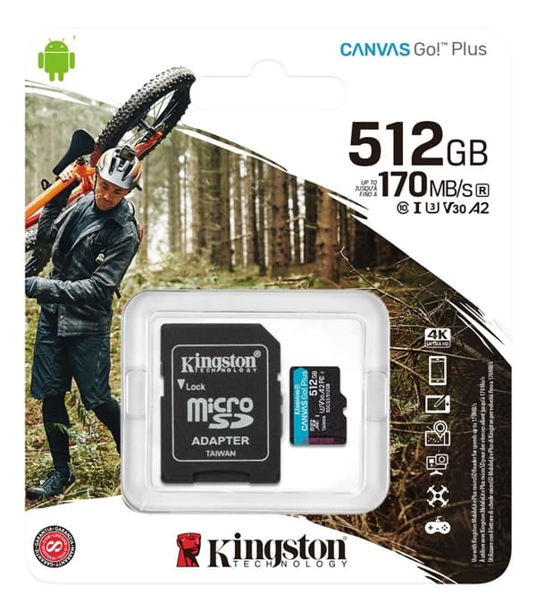 Kingston 512 GB microSDXC Canvas Go Plus 170R A2 U3 V30-kort + ADP