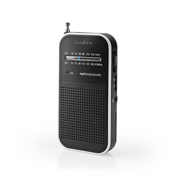 Nedis FM-radio | Bærbart design | AM / FM | Batteri | Analog | 1.5 W | Sort hvid skærm | Hovedtelefonudgang | IP20 | Aluminium / Sort