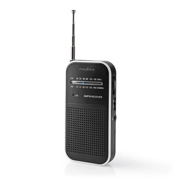 Nedis FM-radio | Bærbart design | AM / FM | Batteri | Analog | 1.5 W | Sort hvid skærm | Hovedtelefonudgang | IP20 | Aluminium / Sort
