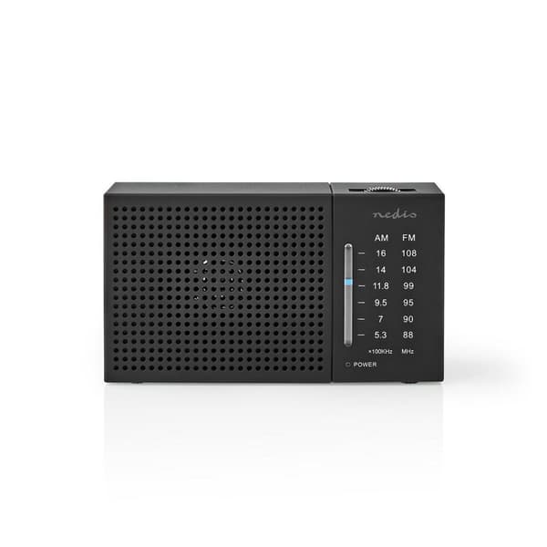 Nedis FM-radio | Bærbar design | AM / FM | Batteri drevet | Analog | 1.5 W | Svart hvit skerm | Hodetelefonutgang | IP20 | Sort