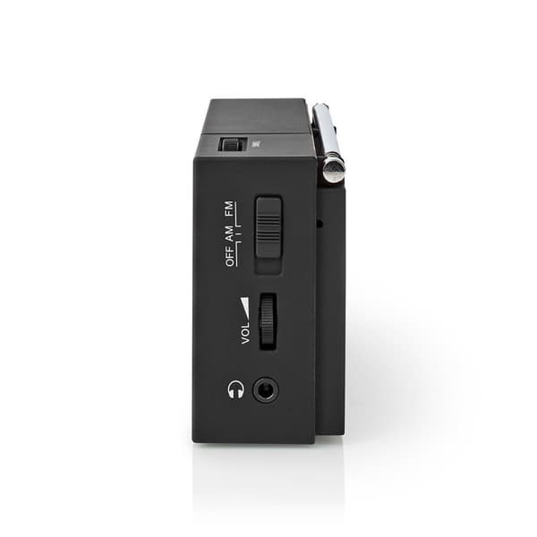 Nedis FM-radio | Bærbar design | AM / FM | Batteri drevet | Analog | 1.5 W | Svart hvit skerm | Hodetelefonutgang | IP20 | Sort