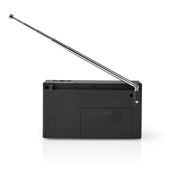 Nedis FM-radio | Bærbar design | AM / FM | Batteri drevet | Analog | 1.5 W | Svart hvit skerm | Hodetelefonutgang | IP20 | Sort