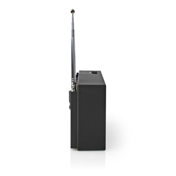 Nedis FM-radio | Bærbar design | AM / FM | Batteri drevet | Analog | 1.5 W | Svart hvit skerm | Hodetelefonutgang | IP20 | Sort