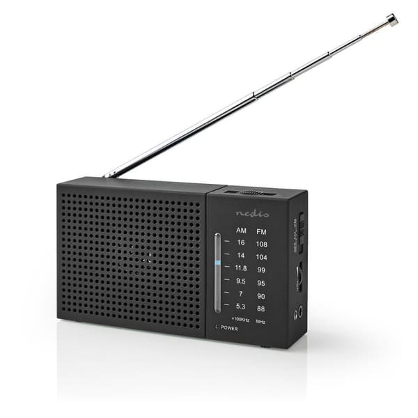 Nedis FM-radio | Bærbar design | AM / FM | Batteri drevet | Analog | 1.5 W | Svart hvit skerm | Hodetelefonutgang | IP20 | Sort