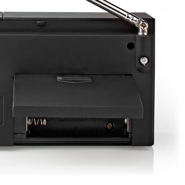 Nedis FM-radio | Bærbar design | AM / FM | Batteri drevet | Analog | 1.5 W | Svart hvit skerm | Hodetelefonutgang | IP20 | Sort