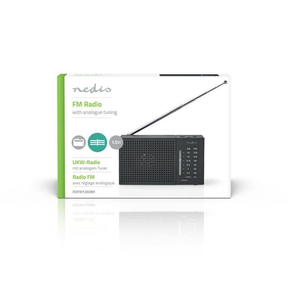 Nedis FM-radio | Bærbar design | AM / FM | Batteri drevet | Analog | 1.5 W | Svart hvit skerm | Hodetelefonutgang | IP20 | Sort
