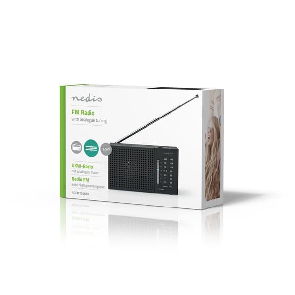Nedis FM-radio | Bærbar design | AM / FM | Batteri drevet | Analog | 1.5 W | Svart hvit skerm | Hodetelefonutgang | IP20 | Sort