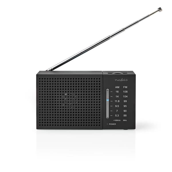 Nedis FM-radio | Bærbar design | AM / FM | Batteri drevet | Analog | 1.5 W | Svart hvit skerm | Hodetelefonutgang | IP20 | Sort