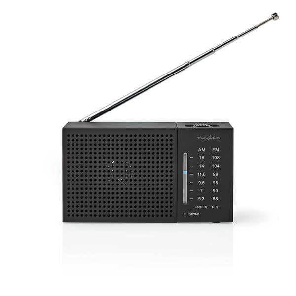 Nedis FM-radio | Kannettava malli | AM / FM | Paristokäyttöinen | Analoginen | 1.5 W | Mustavalkoinen näyttö | Kuulokkeiden lähtöliitäntä | IP20 | Mus
