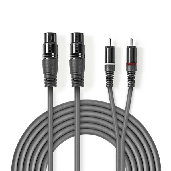 Nedis Balanserad ljudkabel | 2x XLR 3-Pin Hona | 2x RCA Hane | Nickelplaterad | 3.00 m | Rund | PVC | Mörkgrå | Kartonghylsa