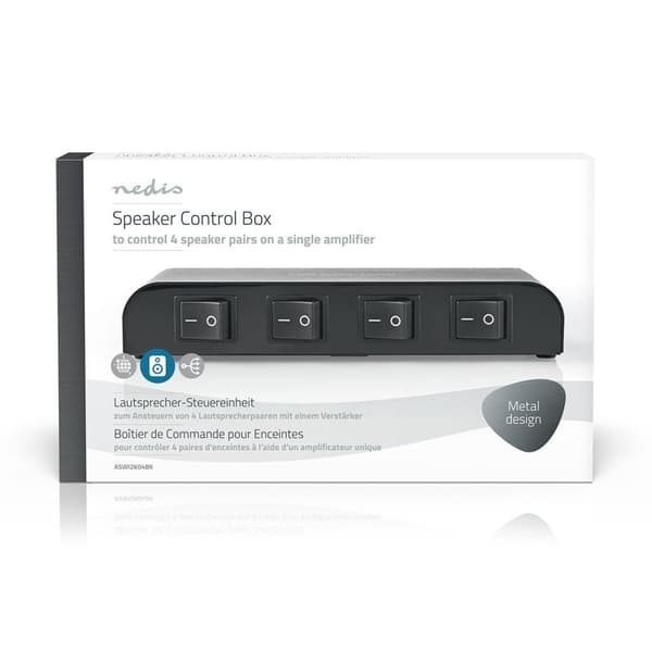 Nedis Højttaler kontrolboks | 4-Port port(s) | Terminal klemmer | Højttalerimpedans: 4-16 Ohm | Maksimal Belastning pr. Kanal: 200 W | Aluminium | Sor