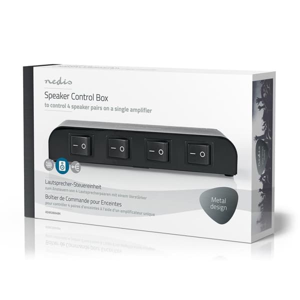 Nedis Højttaler kontrolboks | 4-Port port(s) | Terminal klemmer | Højttalerimpedans: 4-16 Ohm | Maksimal Belastning pr. Kanal: 200 W | Aluminium | Sor