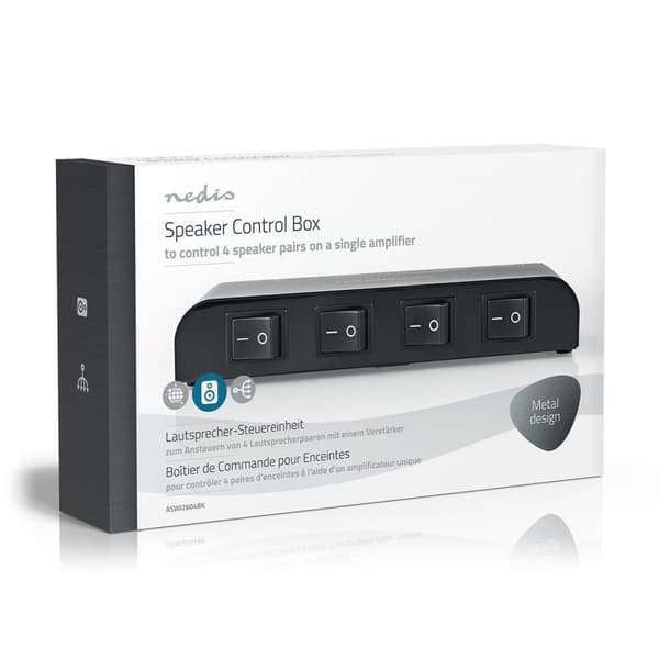 Nedis Højttaler kontrolboks | 4-Port port(s) | Terminal klemmer | Højttalerimpedans: 4-16 Ohm | Maksimal Belastning pr. Kanal: 200 W | Aluminium | Sor