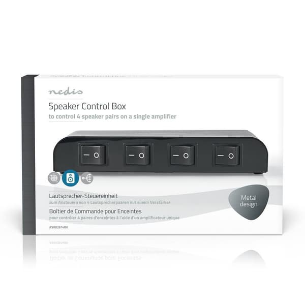 Nedis Högtalar kontrollboxen | 4-Port port(s) | Terminalskruvar | Högtalarimpedans: 4-16 Ohm | Maxlast per Kanal: 200 W | Aluminium | Svart