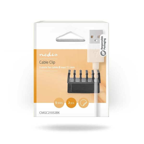 Nedis Kabel Management | Kabelklips | Klik og Go | 2 stk. | Antal slots: 5 Pladser | Maksimal tykkelse på kabel: 7.1 mm | Polypropylene | Sort